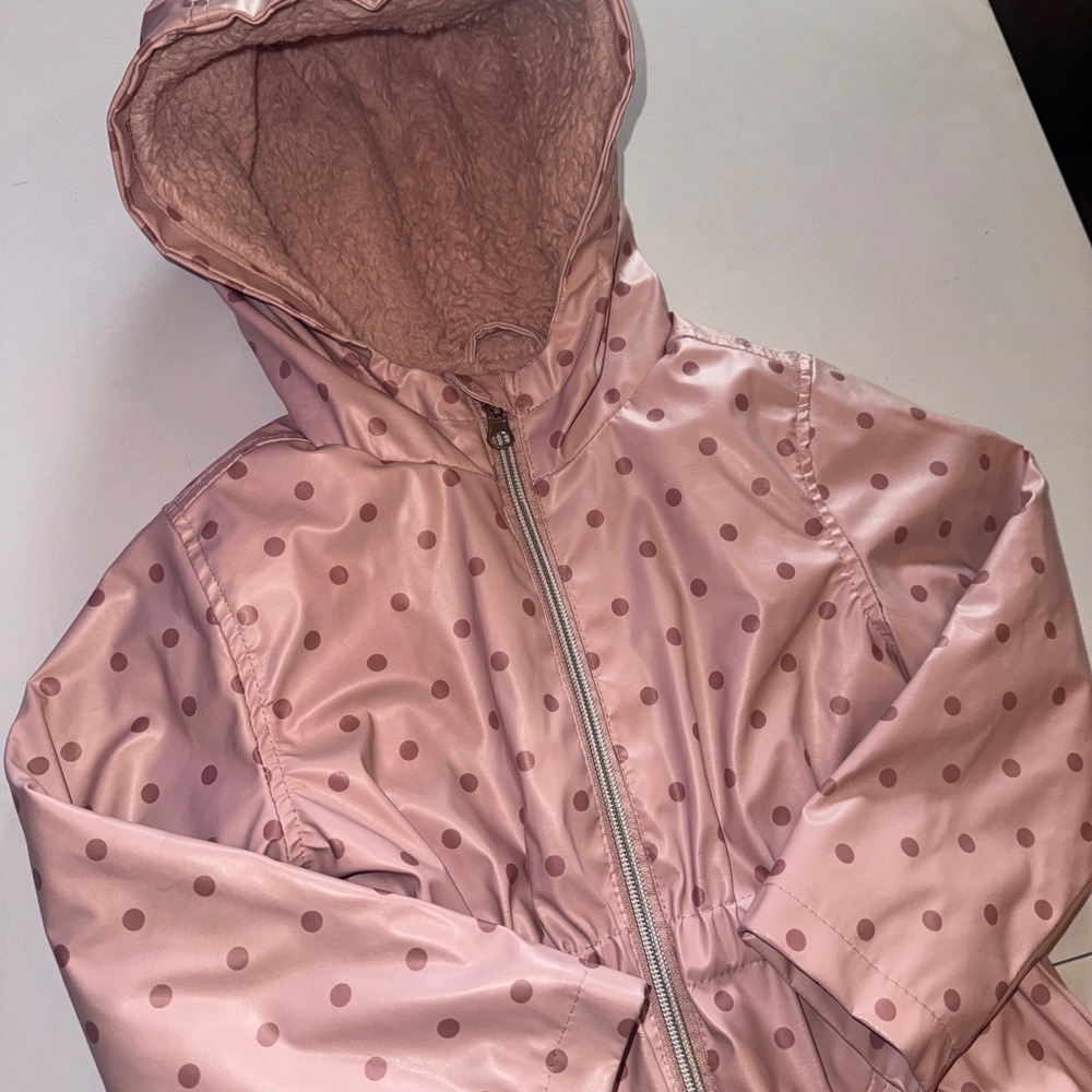 Liv & Lottie Raincoat Girls Size 4 Pink Polka Dot Faux Fur Lined Hooded Jacket - Picture 2 of 8